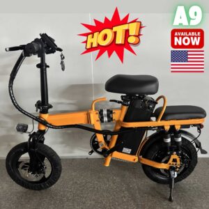 A9 Electric Bike (eBike), 48V/14Ah Li-ion Battery, 500W Motor, 80KM Max Range, 20MPH, 14" Tires, 110KG Max Load, Disc Brakes, Lights, Alarm, Suspension, Foldable, Phone Holder, LED Display, Black - Powerful, Safe & Convenient!