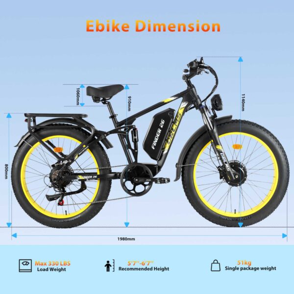 ORLMS Finder 26 Electric Bike – 52V 3000W Dual Motor, 26"x4.0 Fat Tire, 52V 25Ah Battery, 62KM/H Top Speed, Full Suspension, Hydraulic Disc Brakes, 7-Speed Gears - Image 5
