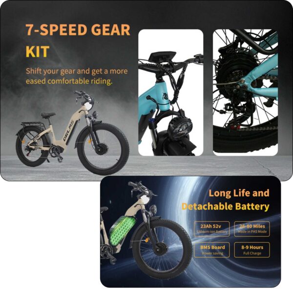 ORLMS MN-6 Dual Motor 3000W Peak Electric Bike – 52V 23Ah Battery, 26x4.0 Fat Tires, 62KM/H Max Speed, Hydraulic Disc Brakes, Full Suspension, 7-Speed Gears, UL & CE Tested! - Image 6