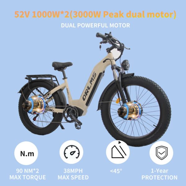 ORLMS MN-6 Dual Motor 3000W Peak Electric Bike – 52V 23Ah Battery, 26x4.0 Fat Tires, 62KM/H Max Speed, Hydraulic Disc Brakes, Full Suspension, 7-Speed Gears, UL & CE Tested! - Image 4