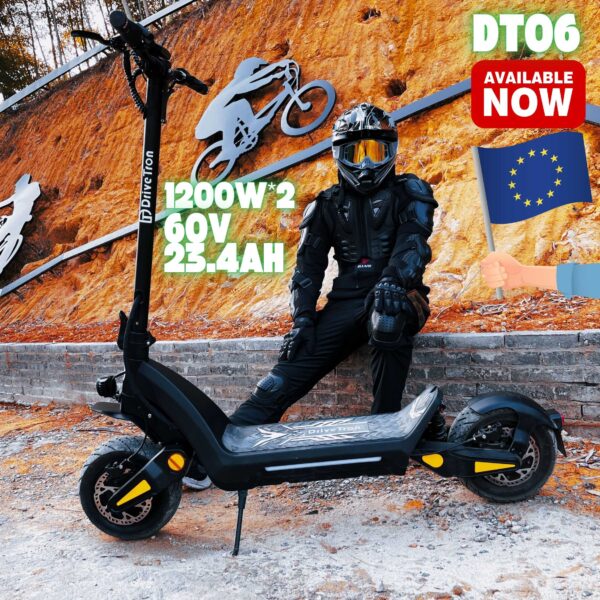 DT06 Dual Drive Electric Scooter – 60V 23.4Ah Battery, 46 MPH Max Speed, Dual 1200W Motors, 11" Tubeless Tires, Double Hydraulic Suspension