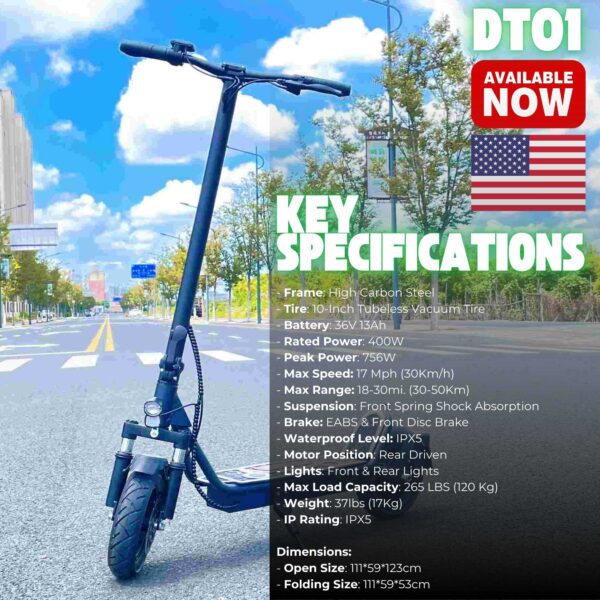 DT01 Electric Scooter – 400W Motor, 36V 13Ah Battery, 10” Tires, Max 30 Miles Range - Image 7