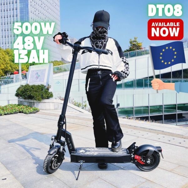 DT08 Electric Scooter – 500W Rear Drive, 48V 13Ah Battery, 25 MPH Max Speed, Spring Suspension, IPX5 Waterproof